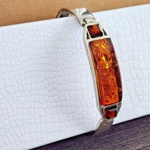 Honey Amber and Silver Bangle Bracelet Vintage Sterling Silver